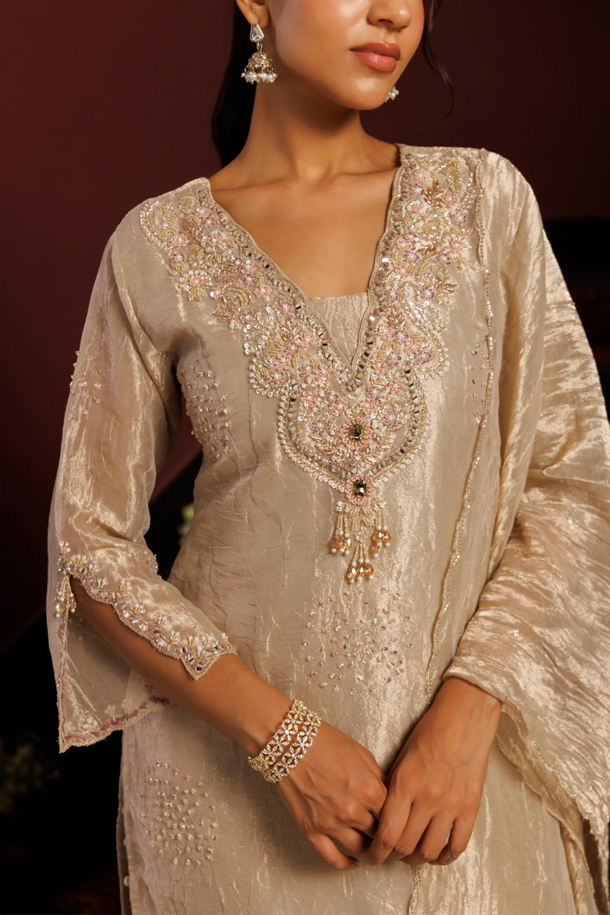 Champagne Embroidered Kurta Pant Set with Dupatta