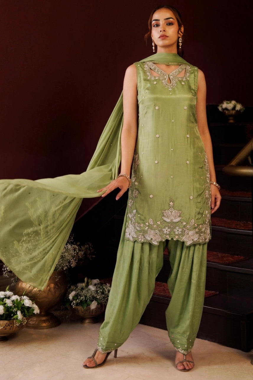 Pistachio Green Embroidered Farshi Salwar Suit