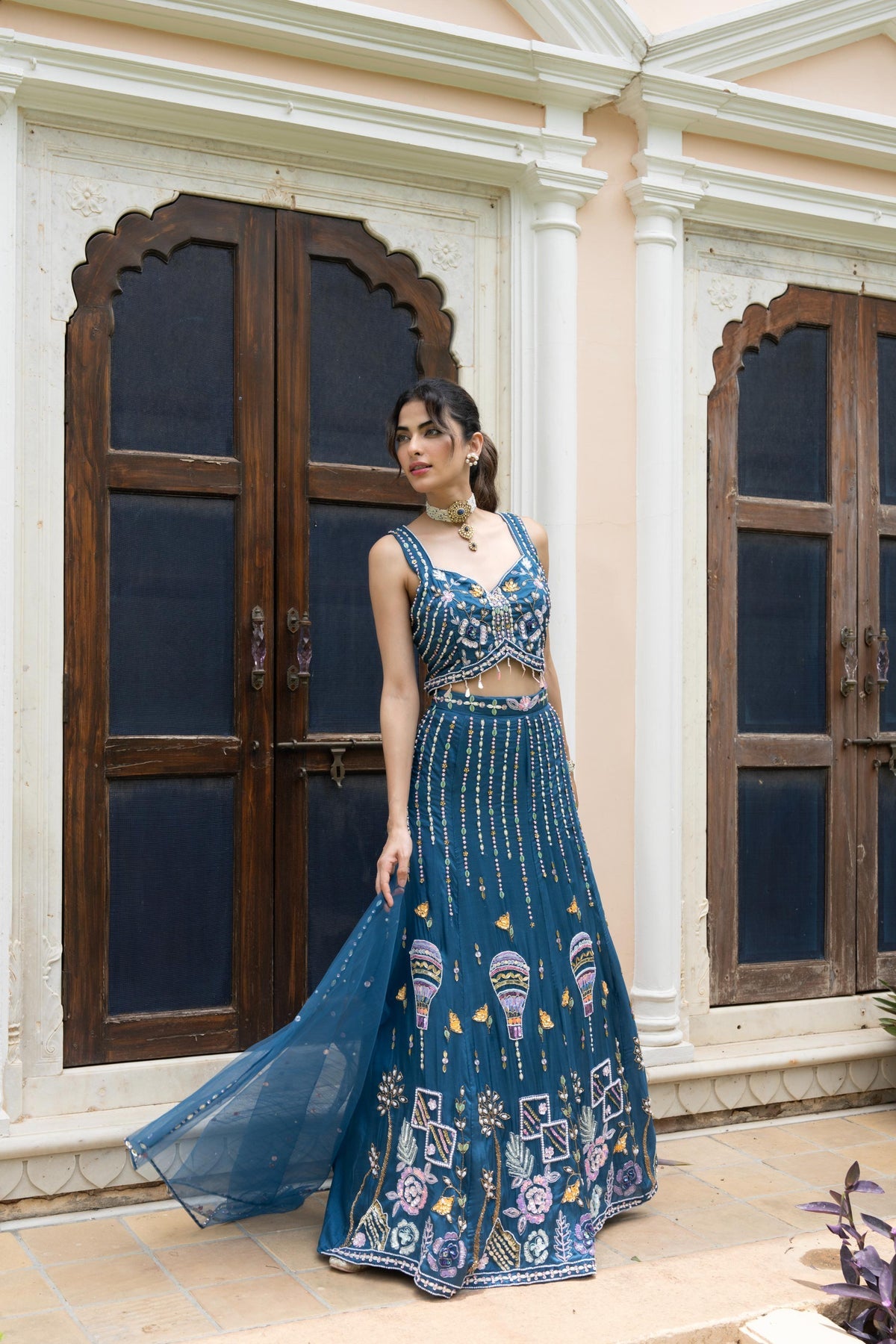 Royal Blue Floral Embroidered Lehenga Set