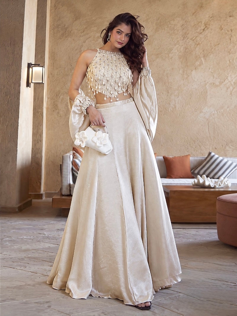 Ivory Champagne Embellished Halter Blouse with Flared Skirt Set