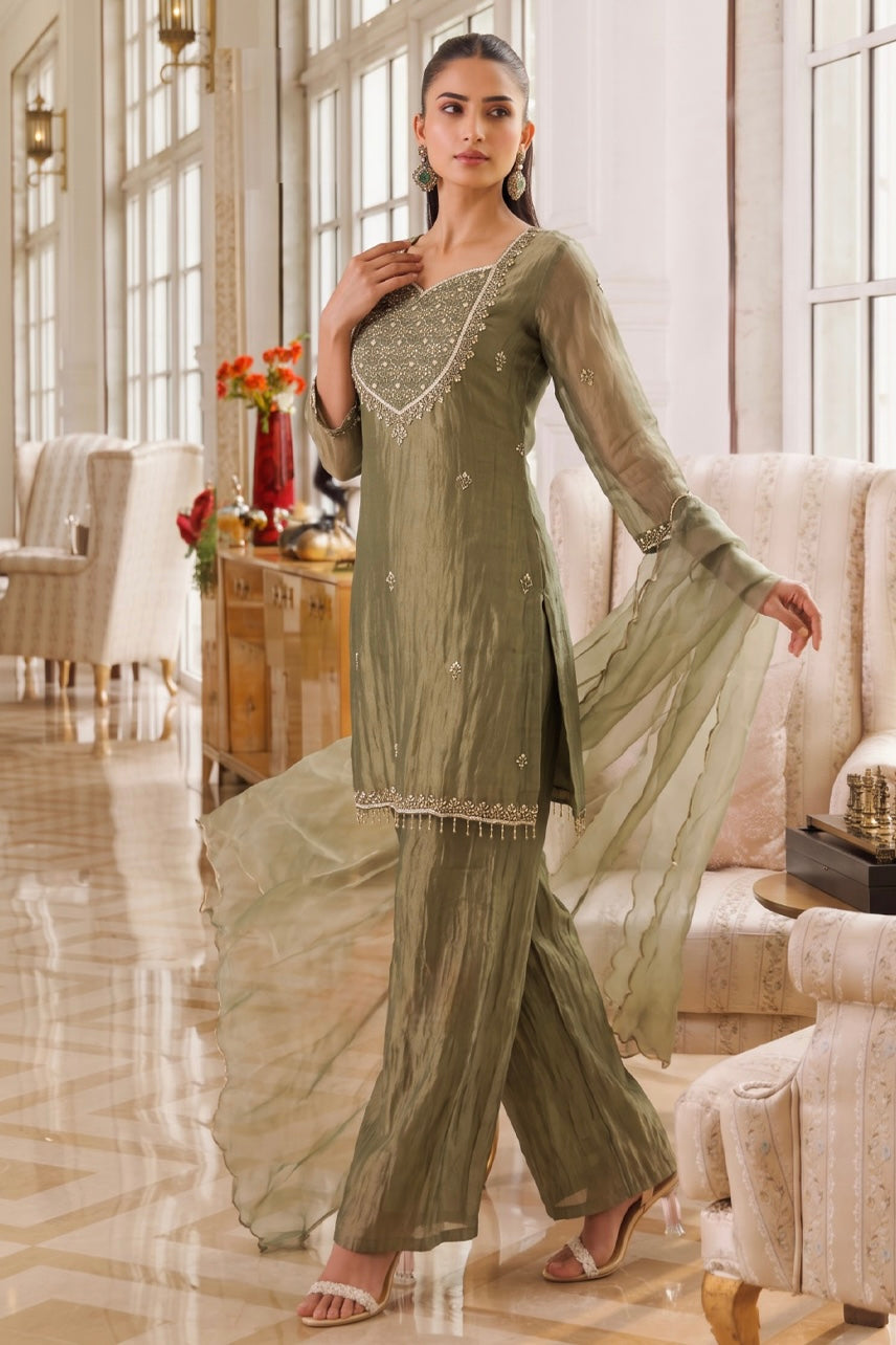 Olive Mist Embroidered Sharara Set