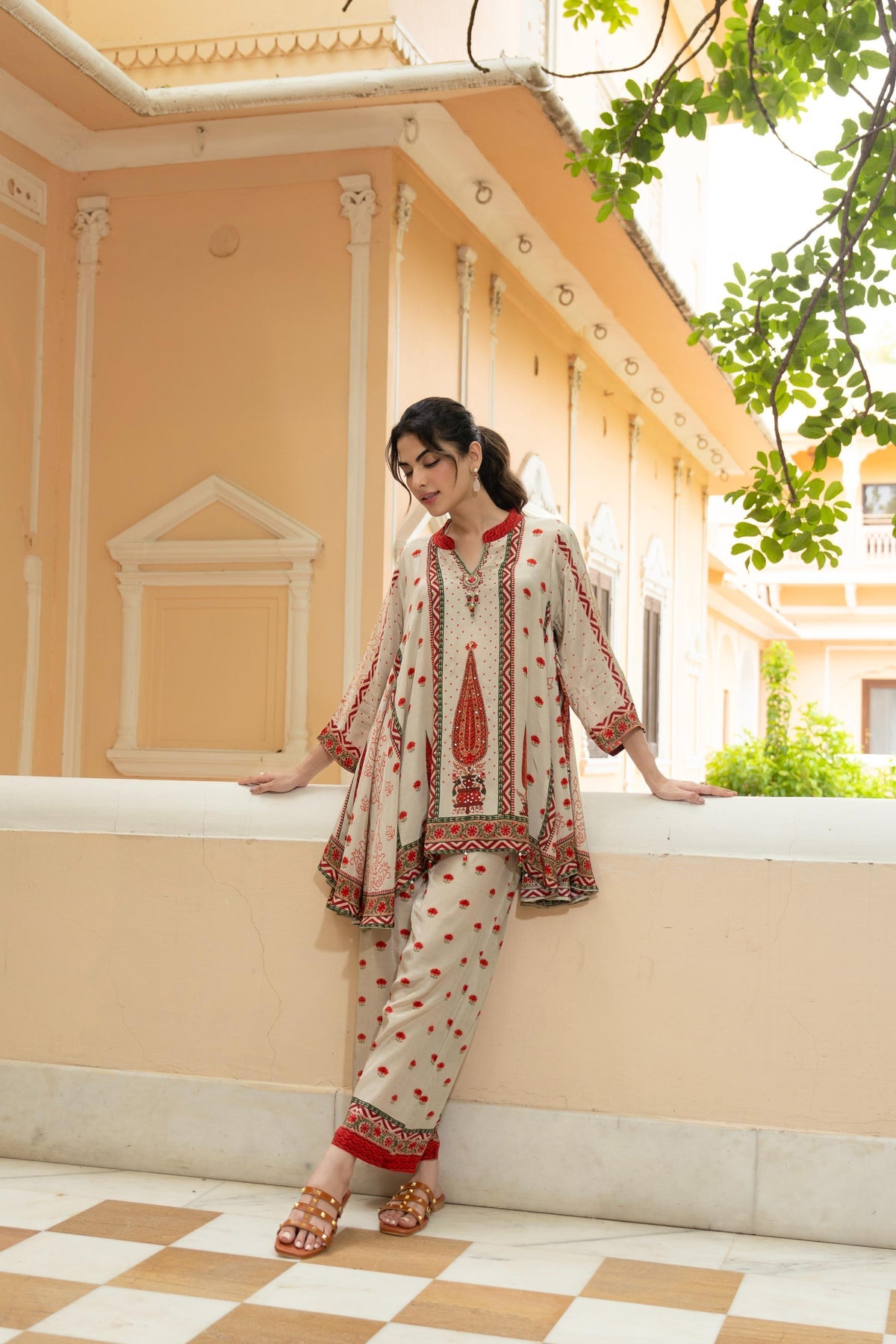 Ivory & Red Heritage Print Flared Kurta Set