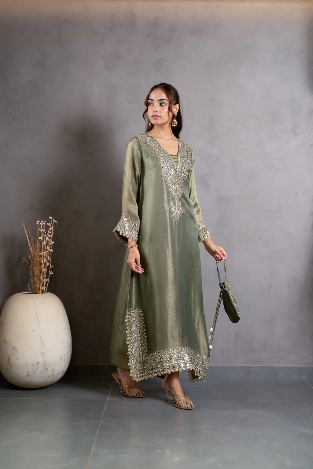 Olive Green Mirrorwork Kaftaan Set