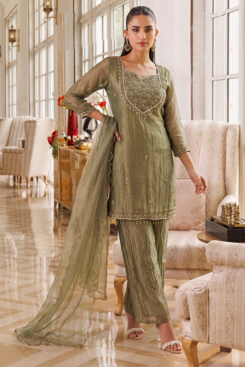 Olive Mist Embroidered Sharara Set