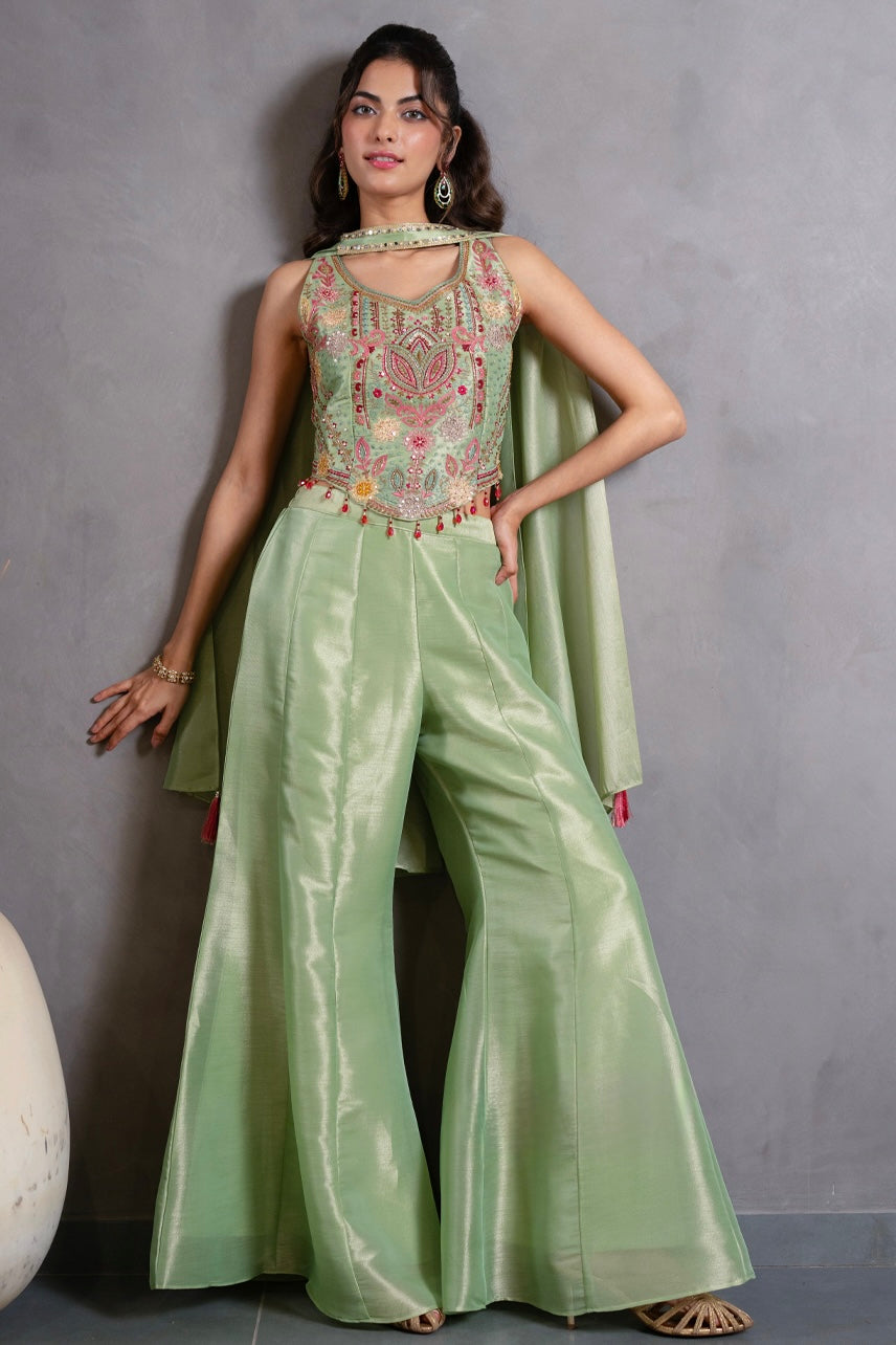 Pastel Green Embroidered Peplum Top with Palazzo Pants & Dupatta Set