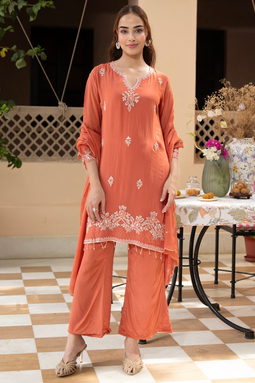 Coral Bloom Embroidered Kurta Set
