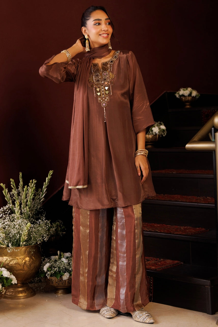 Mocha Mirrorwork Embroidered Kurta Set