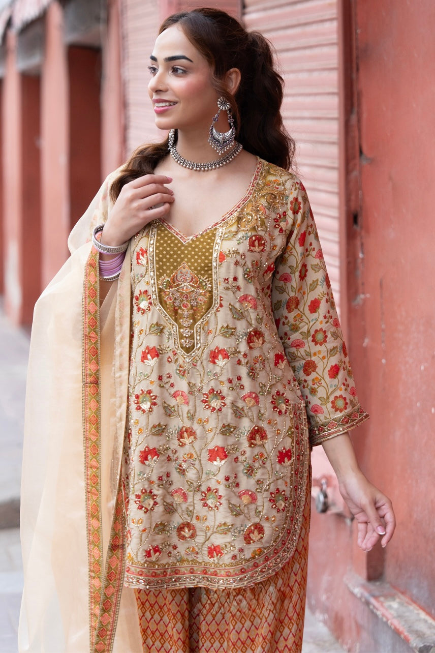 Floral Embroidered Kurta with Printed Pants & Dupatta Set