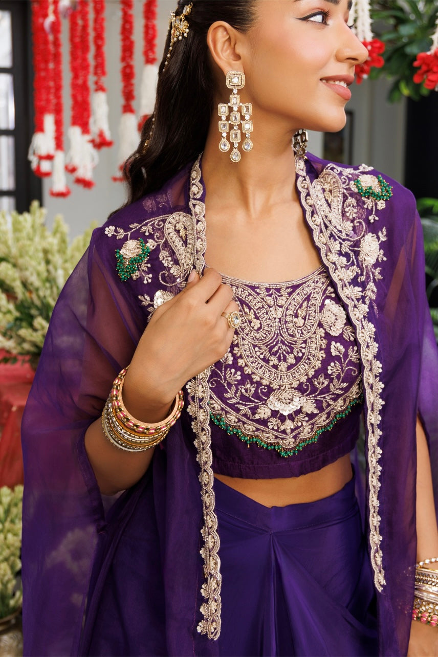 Royal Purple Handwork Blouse & Flowy Skirt Set with Sheer Cape