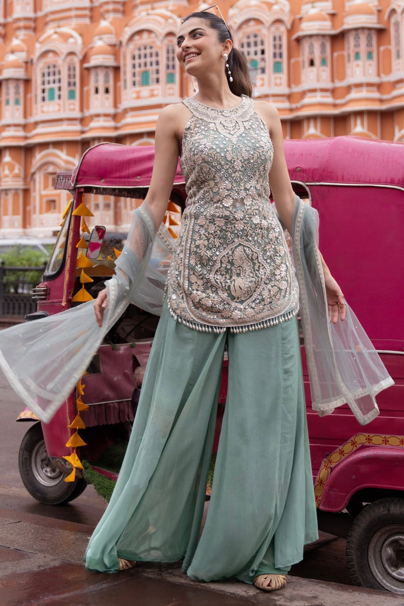 Sage Green Embroidered Halter Kurta Set with Wide-Leg Pants & Dupatta