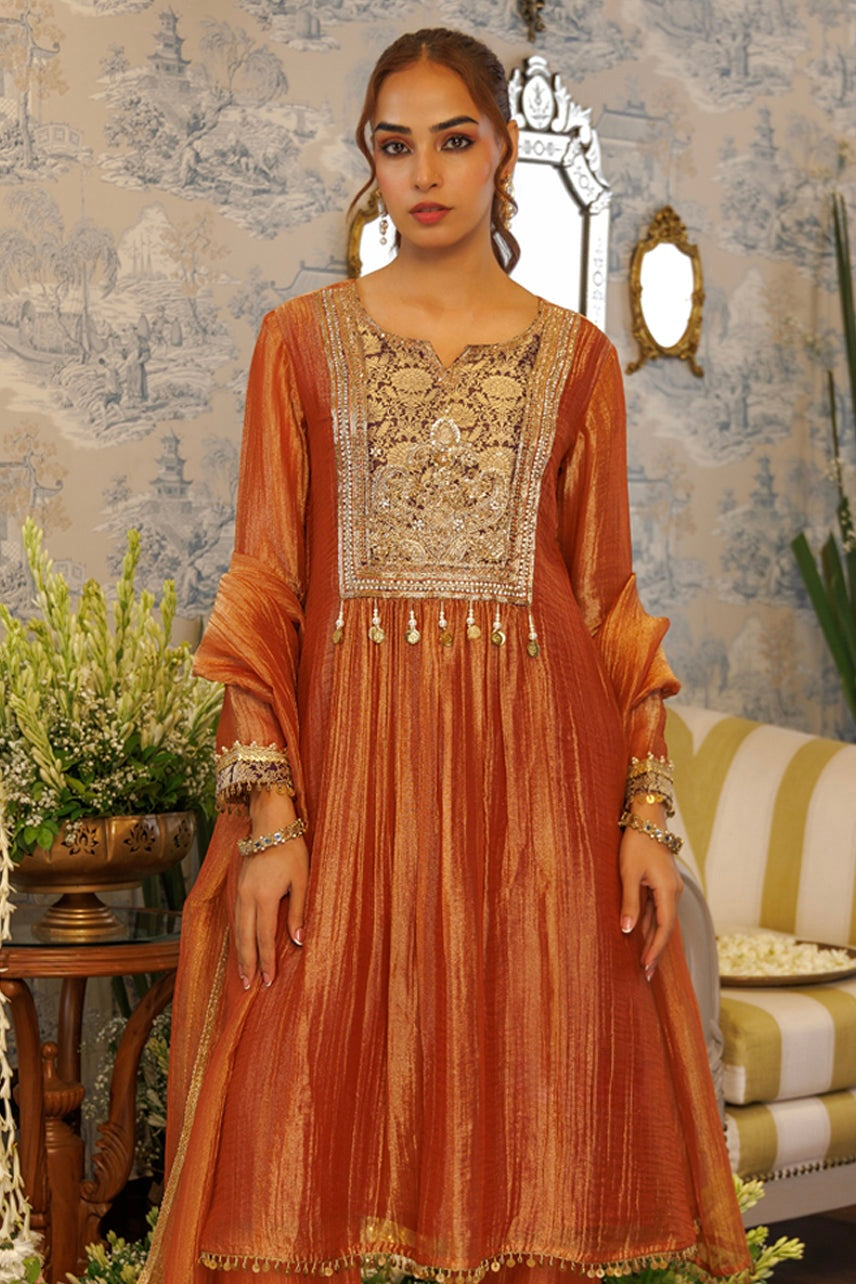 Rust Orange Embroidered Anarkali Kurta Set with Dupatta