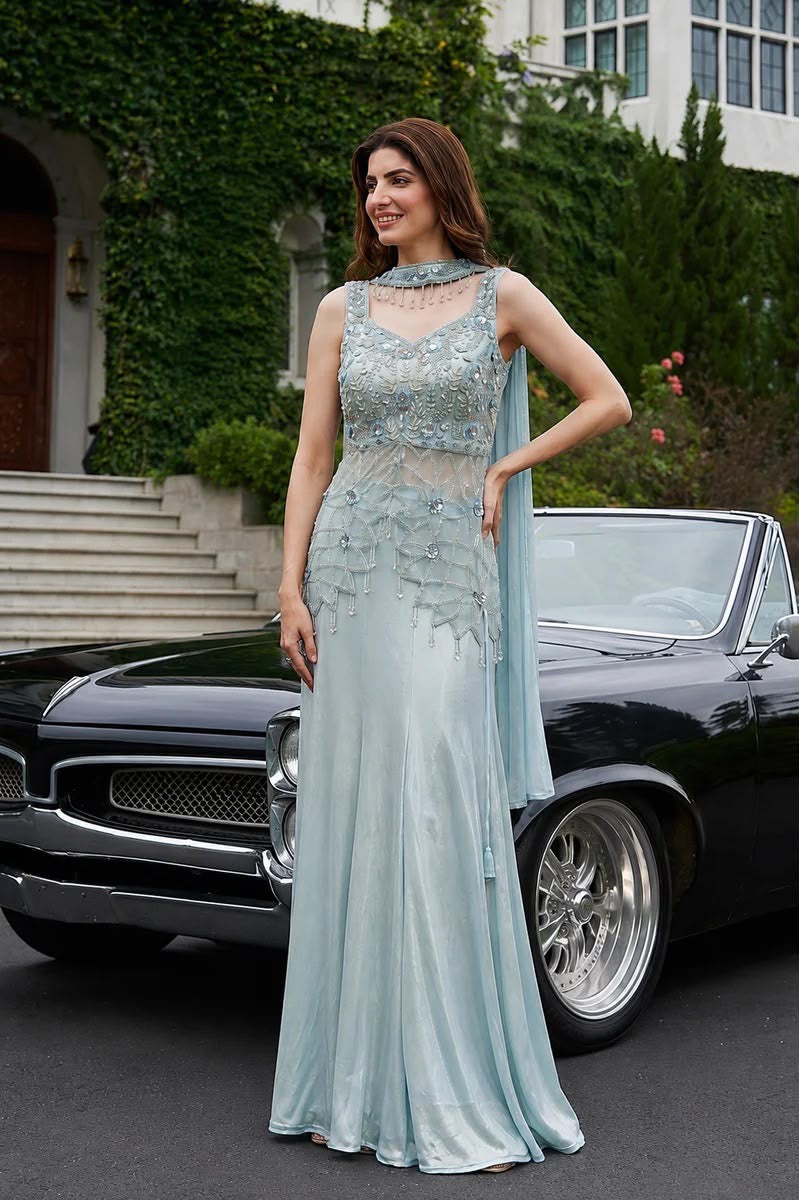 Ice Blue Embellished Floor-Length Gown