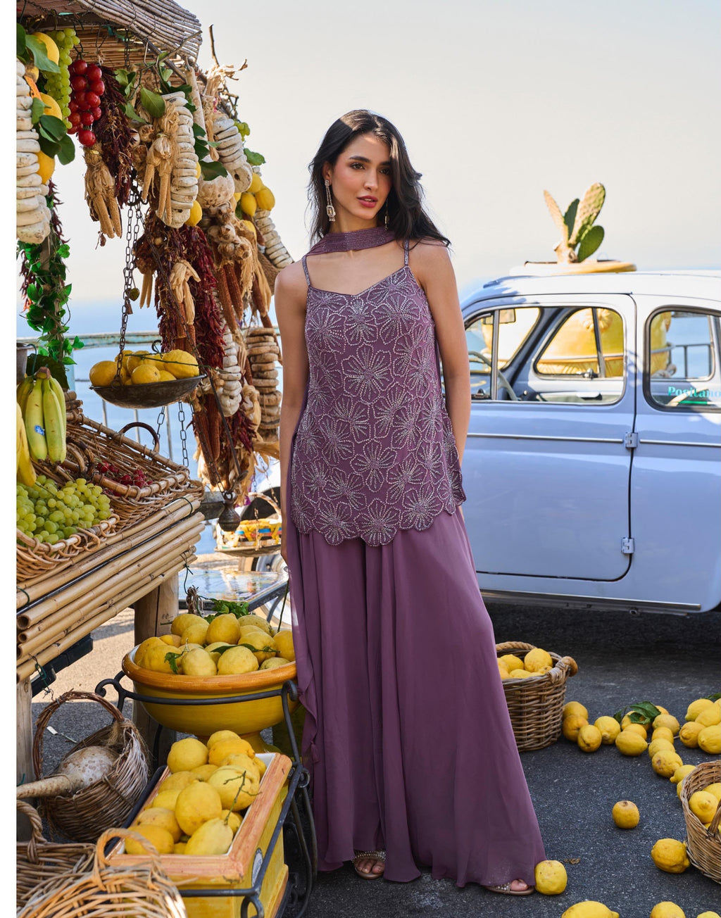 Mauve Floral Embellished Camisole Kurta & Palazzo Set
