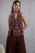 Wine Embroidered Halter Neck Top with Palazzo Pants & Dupatta Set
