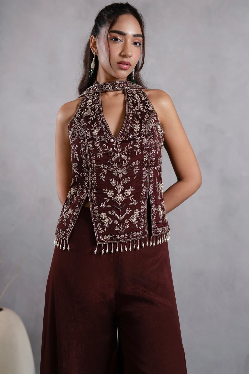Wine Embroidered Halter Neck Top with Palazzo Pants & Dupatta Set