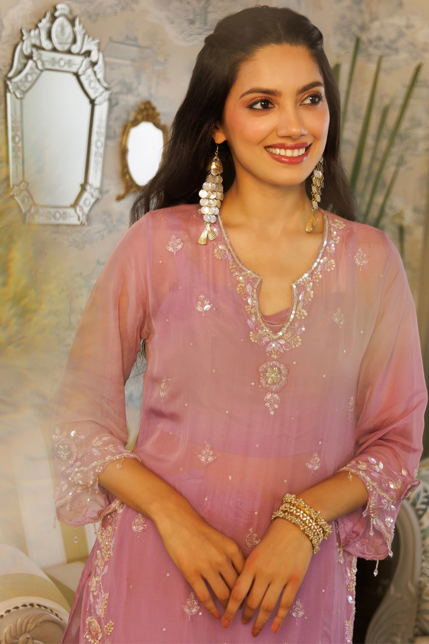 Rose Mist Embroidered Organza Suit Set