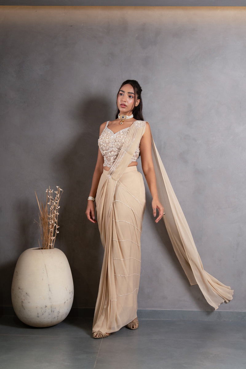 Champagne Pearl-Drape Pre-Stitched Saree