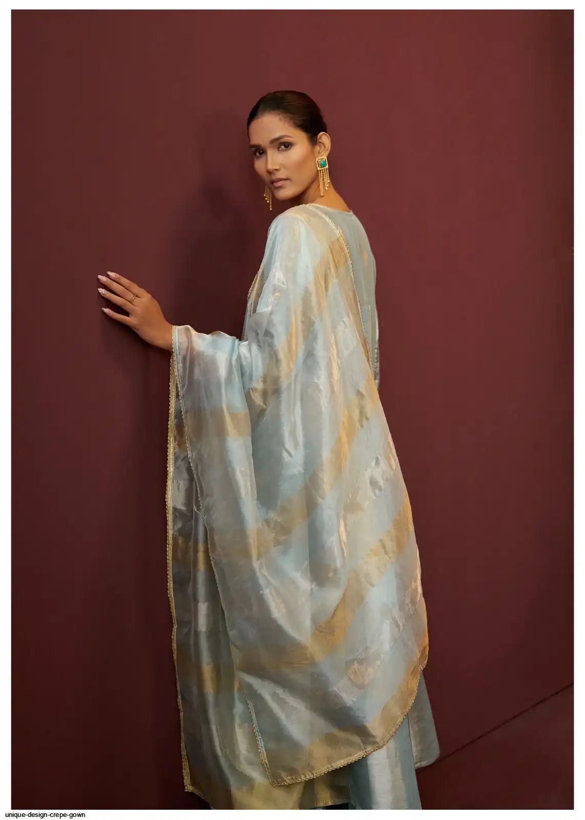 Pearl Blue & Gold Tissue Kanjeevaram Flared Suit Set
