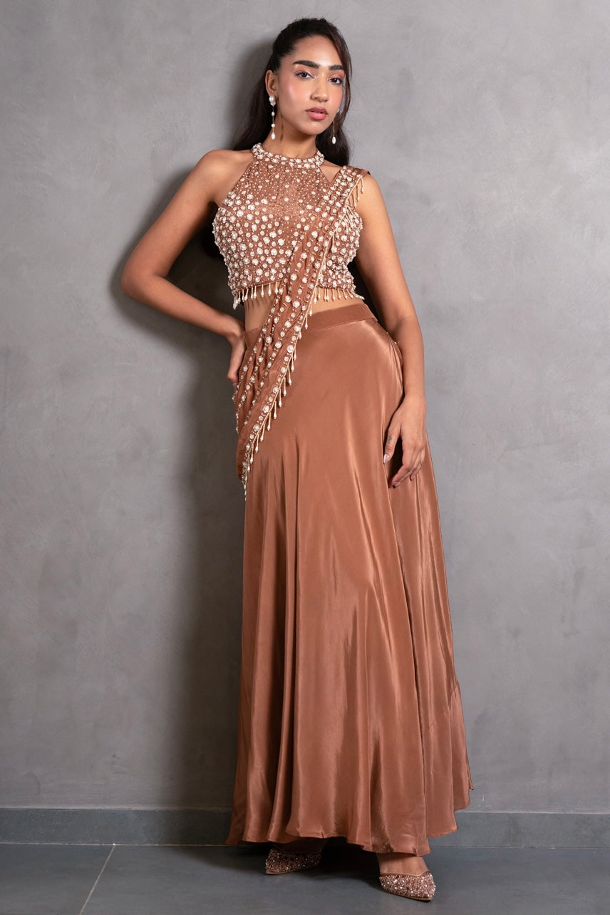 Mocha Rose Embellished Pre-Draped Saree