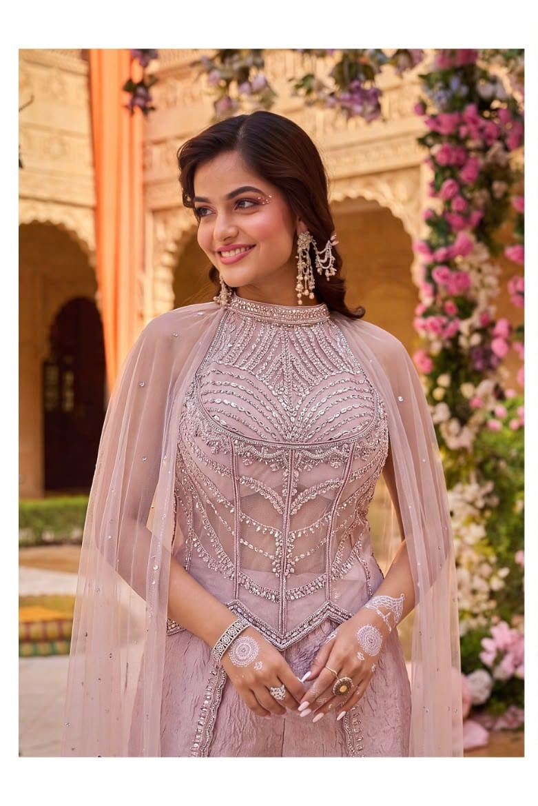 Blush Pink Embellished Corset with Cape & Wide-Leg Pants Set