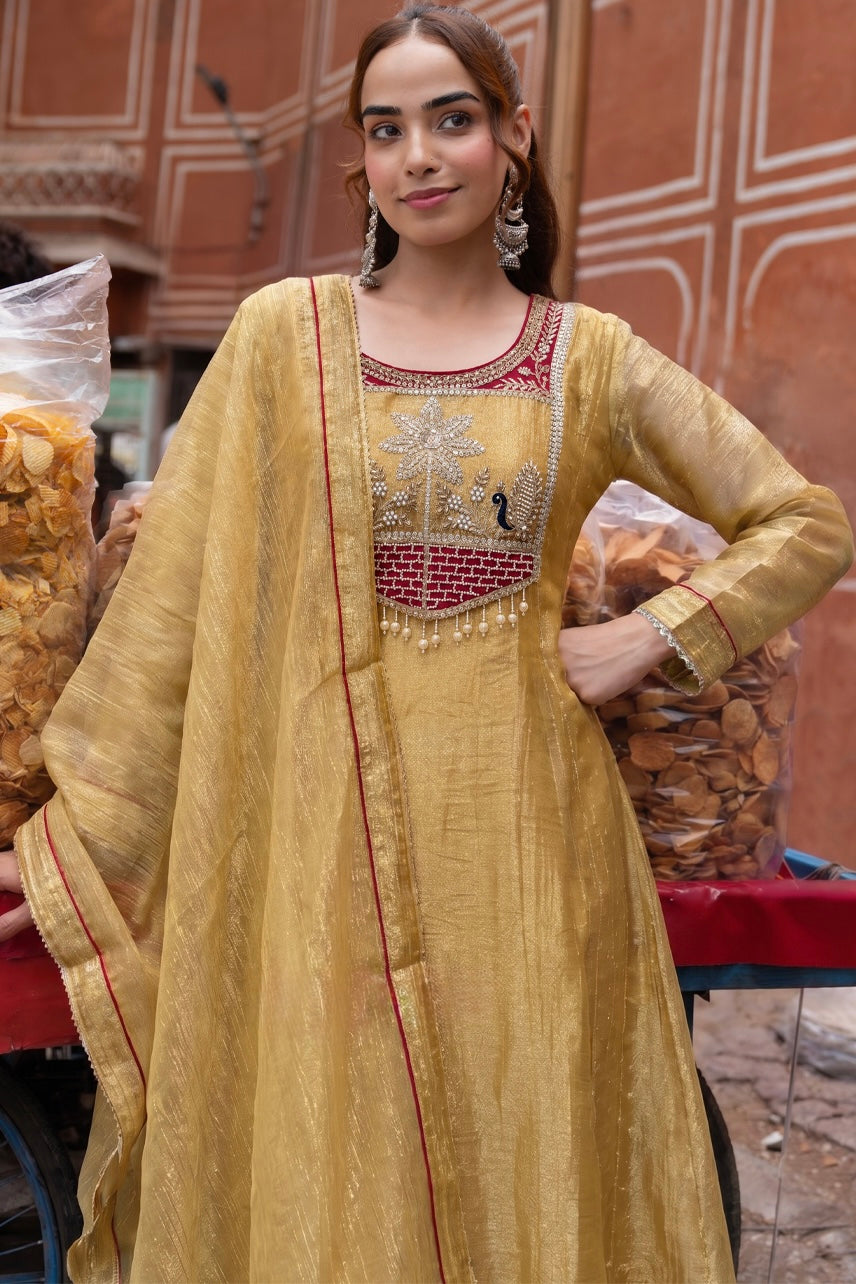 Mustard Gold Embroidered Kurta Set with Maroon Yoke & Dupatta