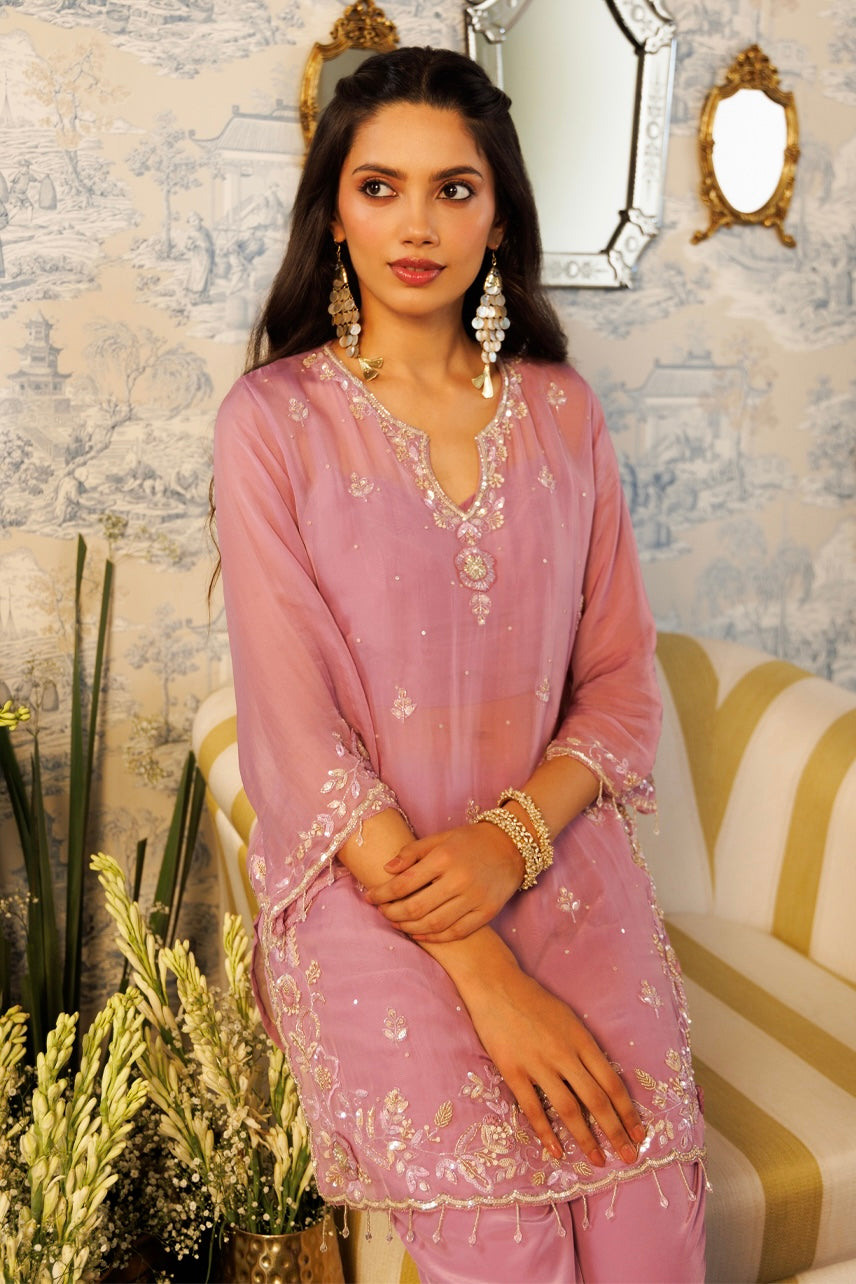 Rose Mist Embroidered Organza Suit Set