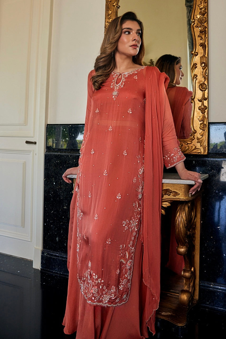 Coral Blush Embroidered Suit Set