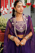 Royal Purple Handwork Blouse & Flowy Skirt Set with Sheer Cape