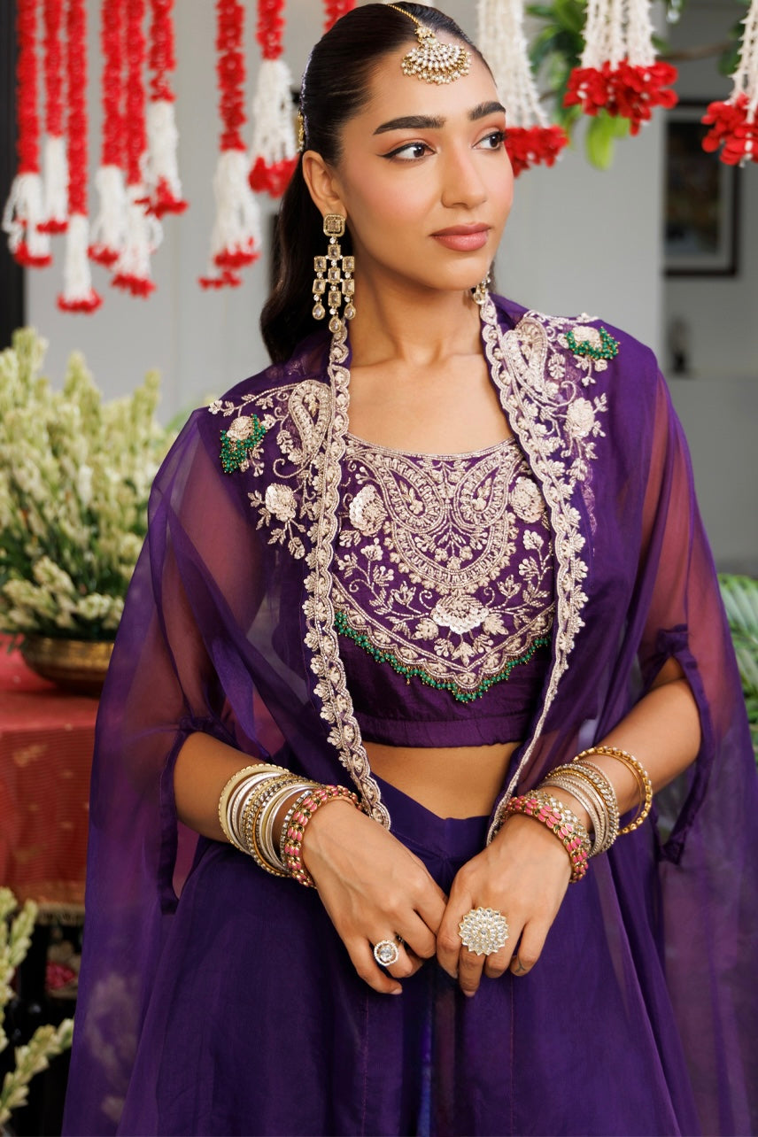 Royal Purple Handwork Blouse & Flowy Skirt Set with Sheer Cape