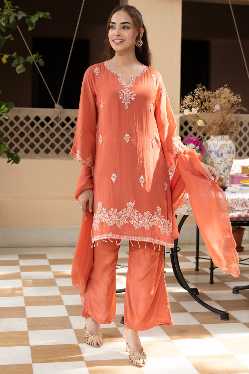 Coral Bloom Embroidered Kurta Set