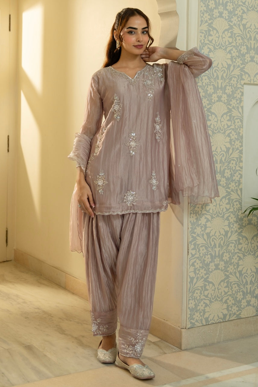 Mauve Pearl Embroidered Farshi Suit