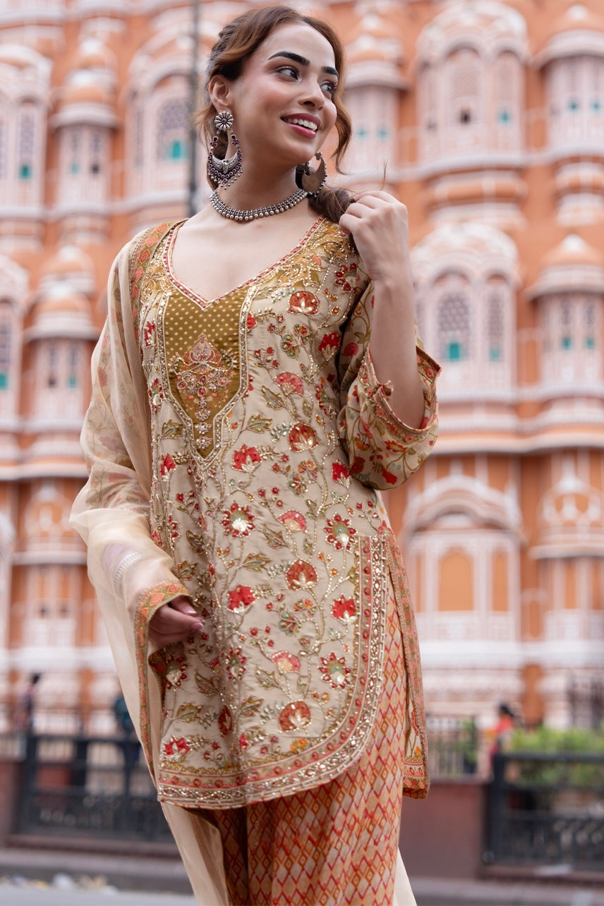 Floral Embroidered Kurta with Printed Pants & Dupatta Set