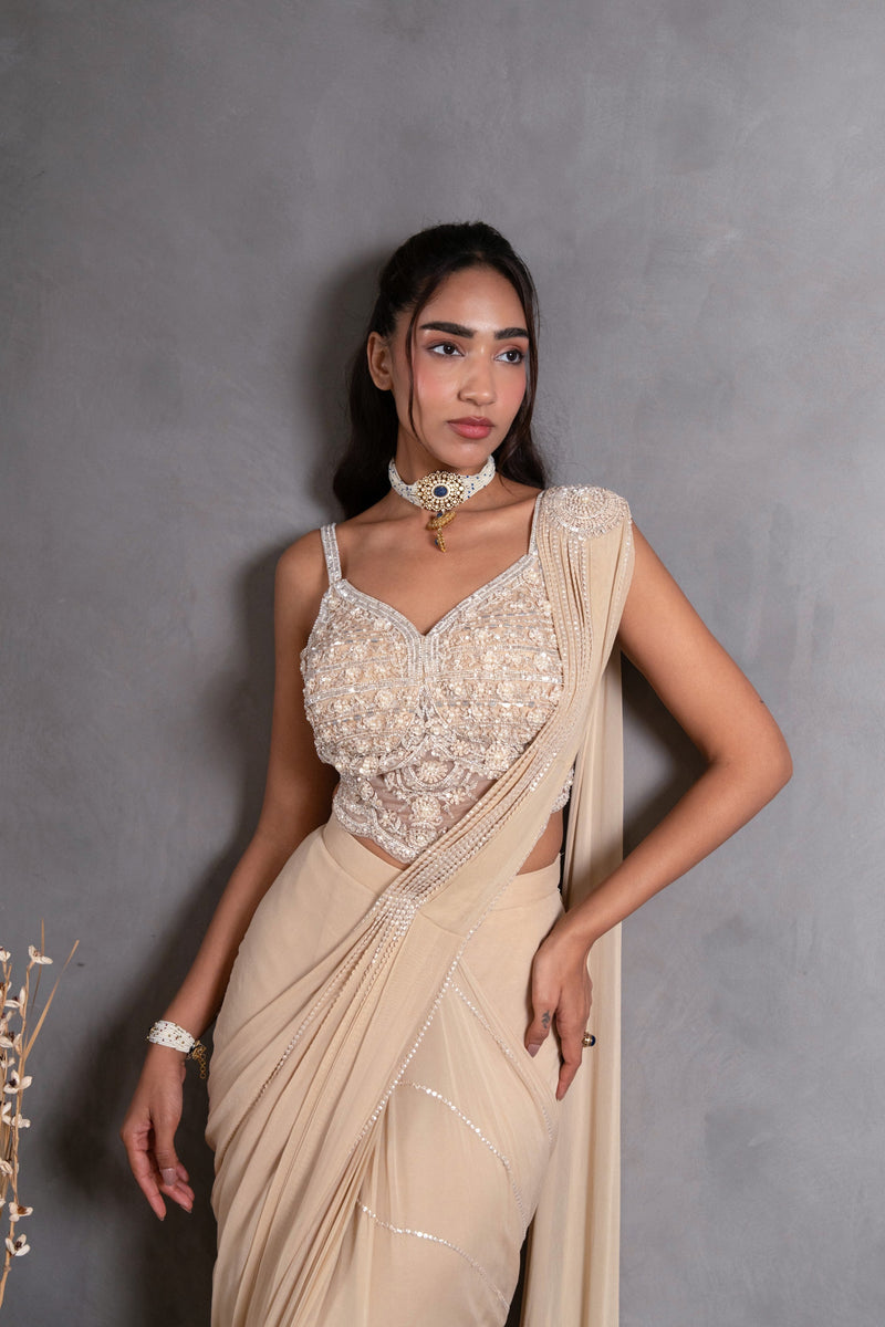 Champagne Pearl-Drape Pre-Stitched Saree