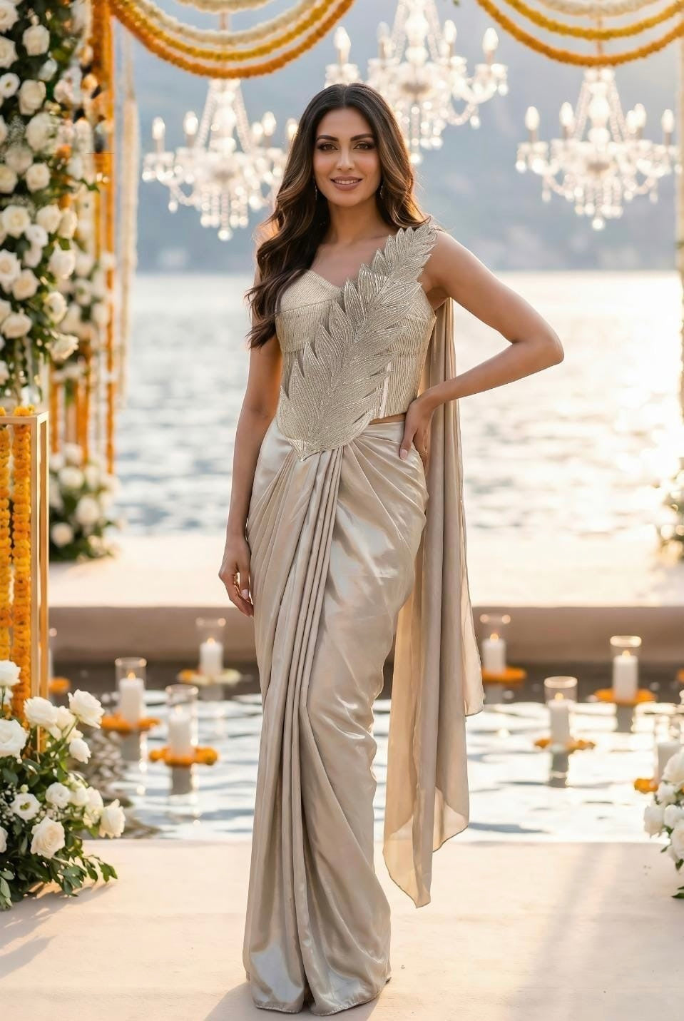 Pearl Champagne Feather Drape Saree