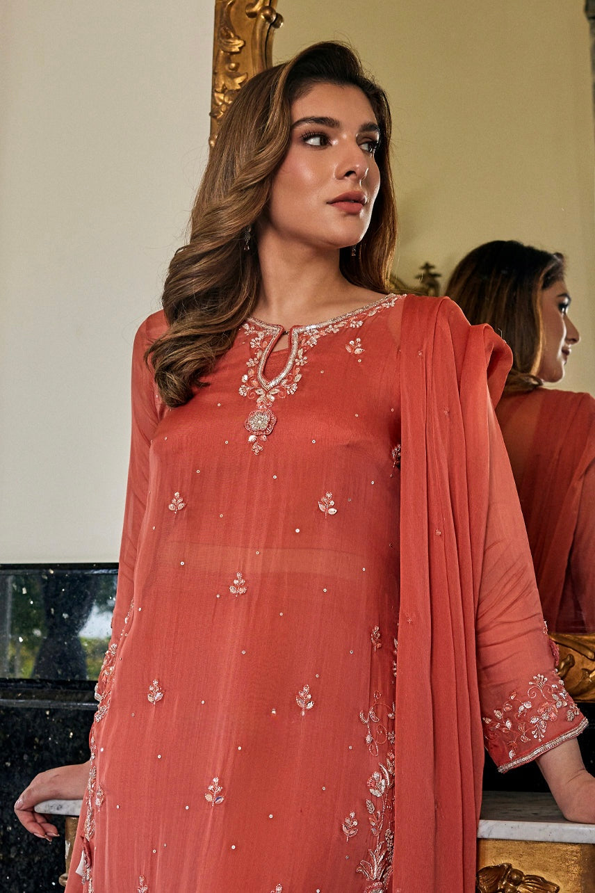 Coral Blush Embroidered Suit Set