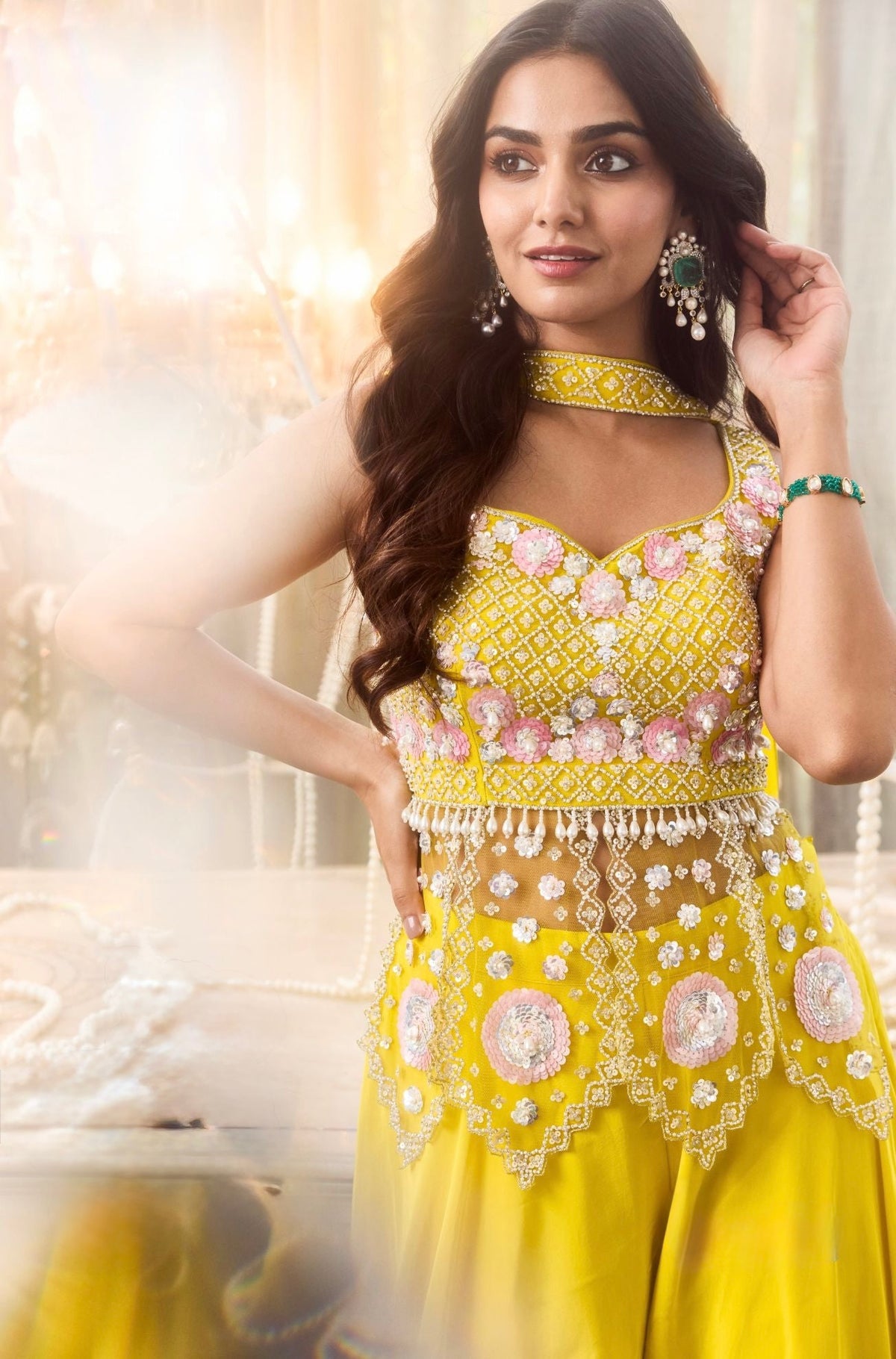 Sunshine Yellow Embroidered Corset & Flared Pants Set with Dupatta