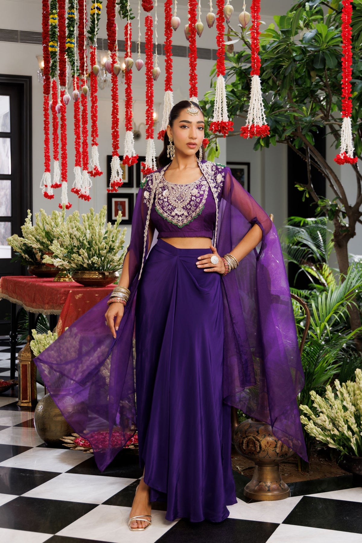 Royal Purple Handwork Blouse & Flowy Skirt Set with Sheer Cape