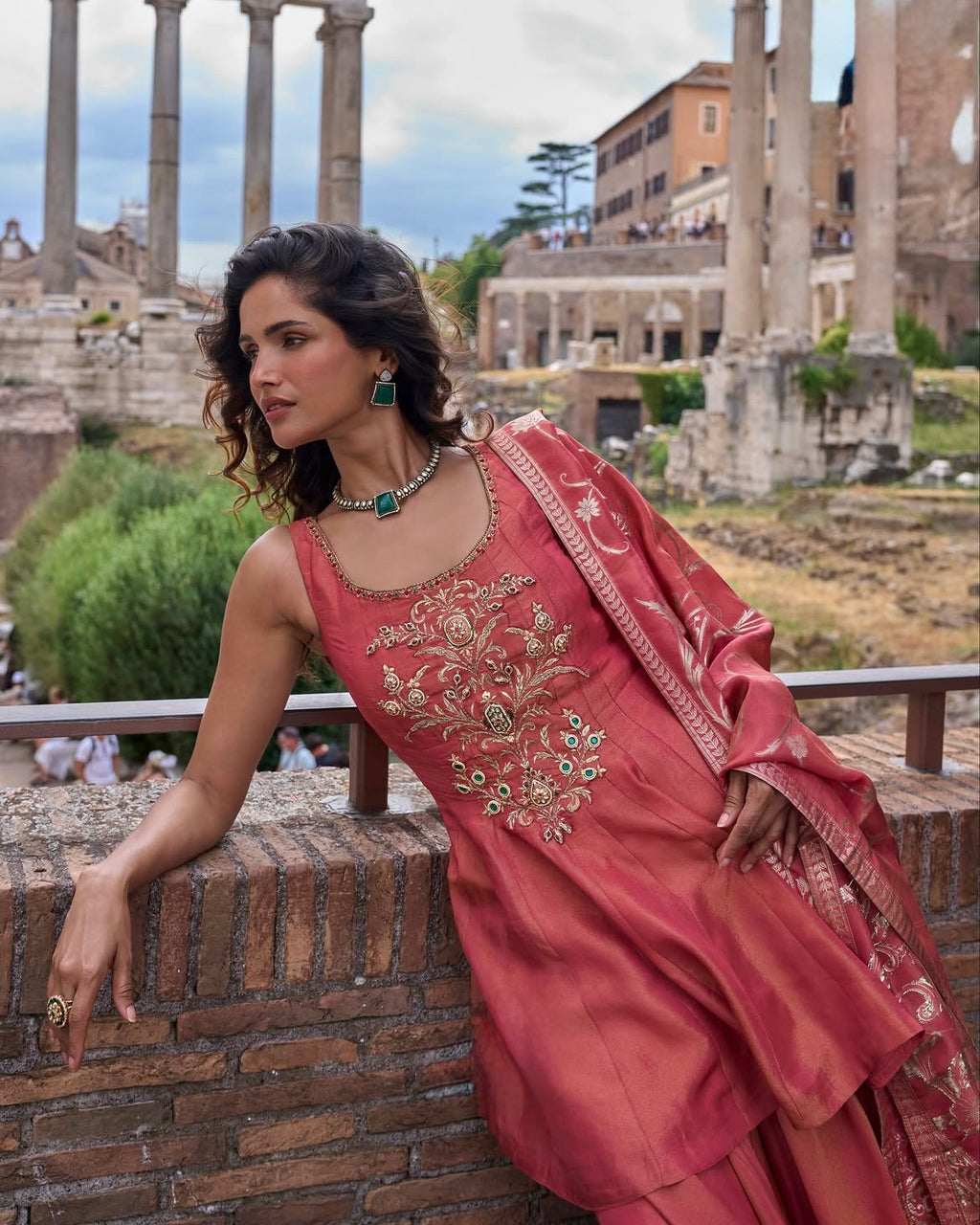 Rose Pink Embroidered Anarkali Palazzo Set with Printed Dupatta
