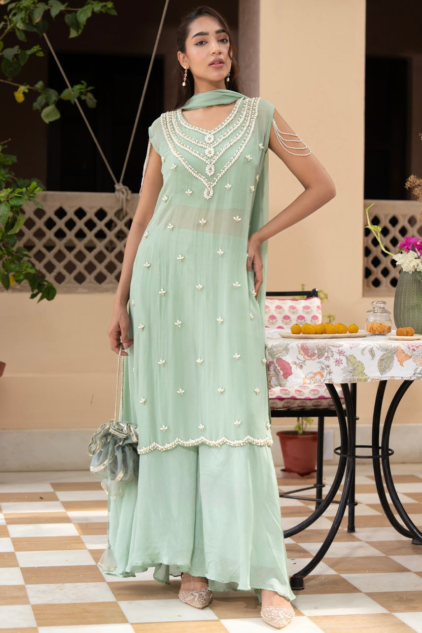 Mint Pearl Cascade Anarkali Set