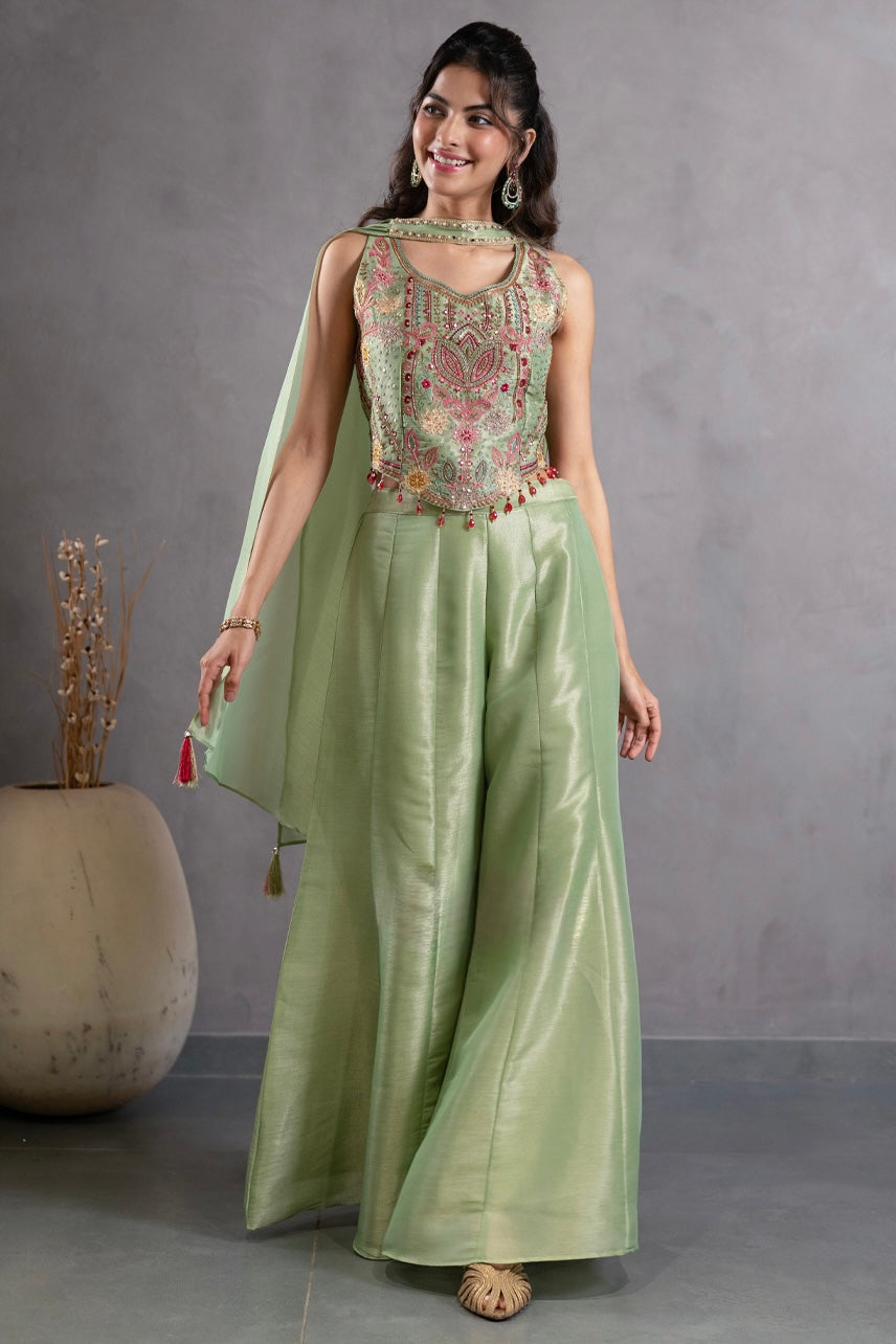Pastel Green Embroidered Peplum Top with Palazzo Pants & Dupatta Set