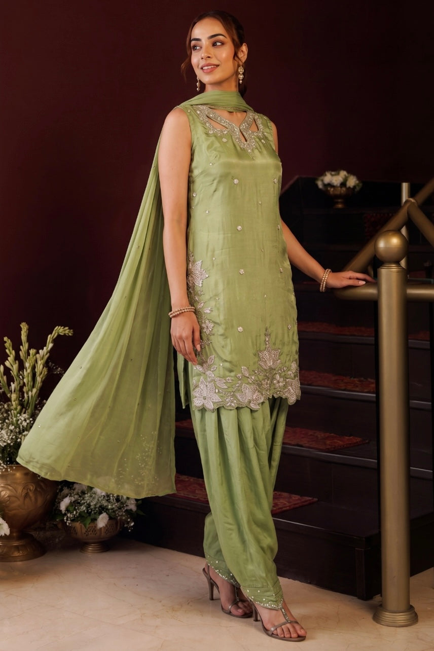 Pistachio Green Embroidered Farshi Salwar Suit