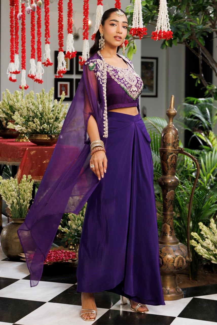 Royal Purple Handwork Blouse & Flowy Skirt Set with Sheer Cape
