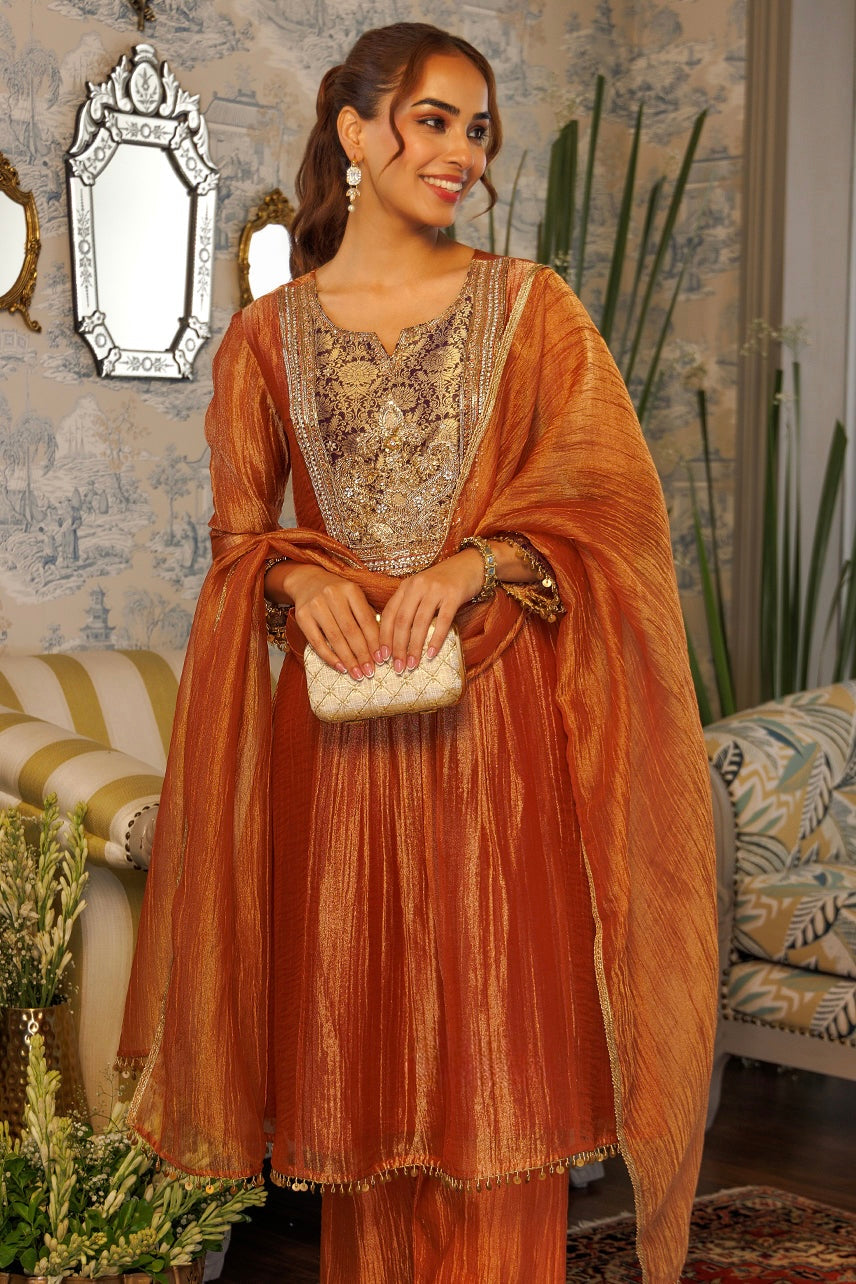 Rust Orange Embroidered Anarkali Kurta Set with Dupatta