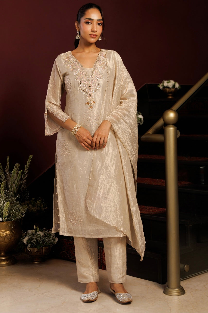 Champagne Embroidered Kurta Pant Set with Dupatta