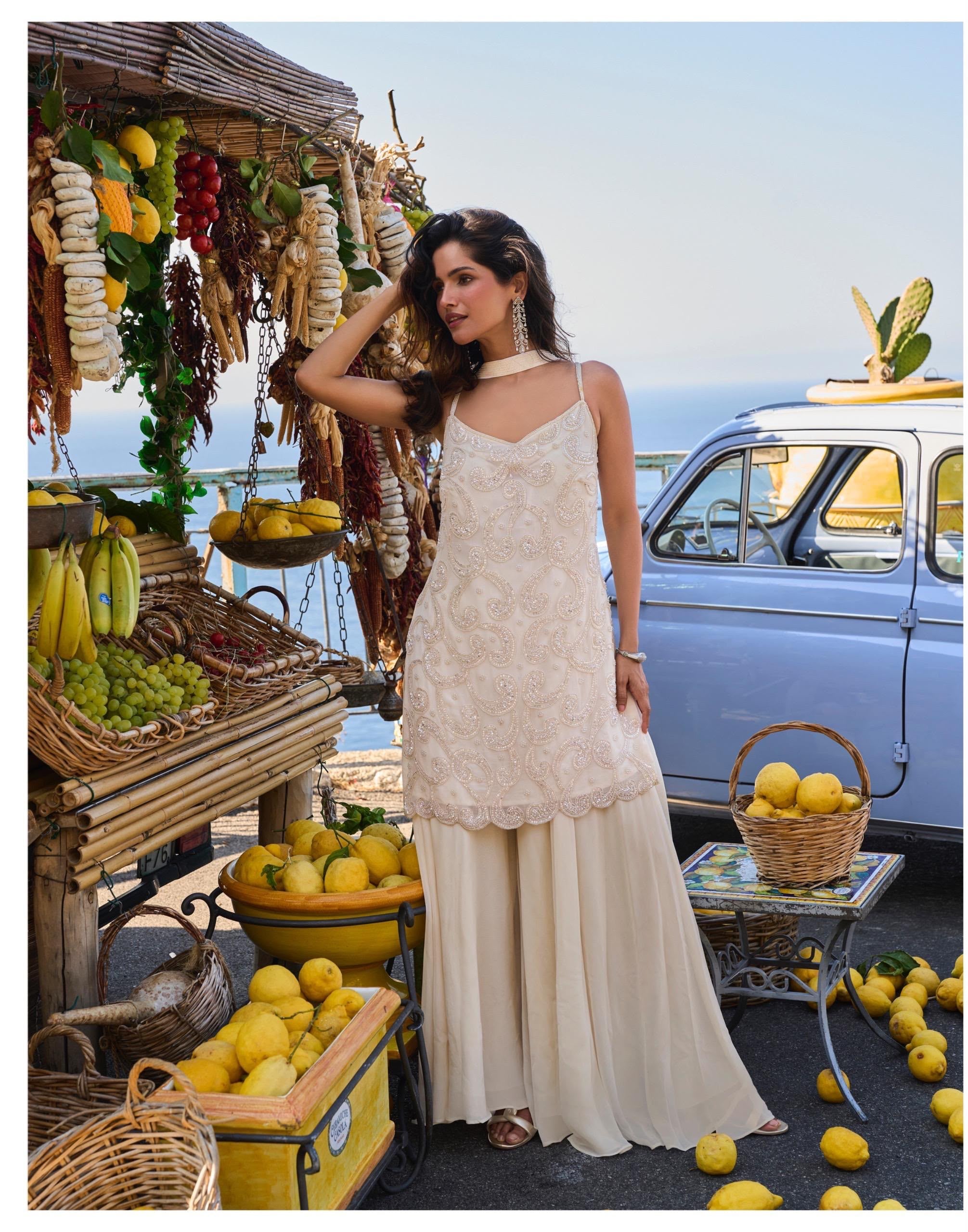Ivory Pearl-Embellished Camisole Kurta & Palazzo Set