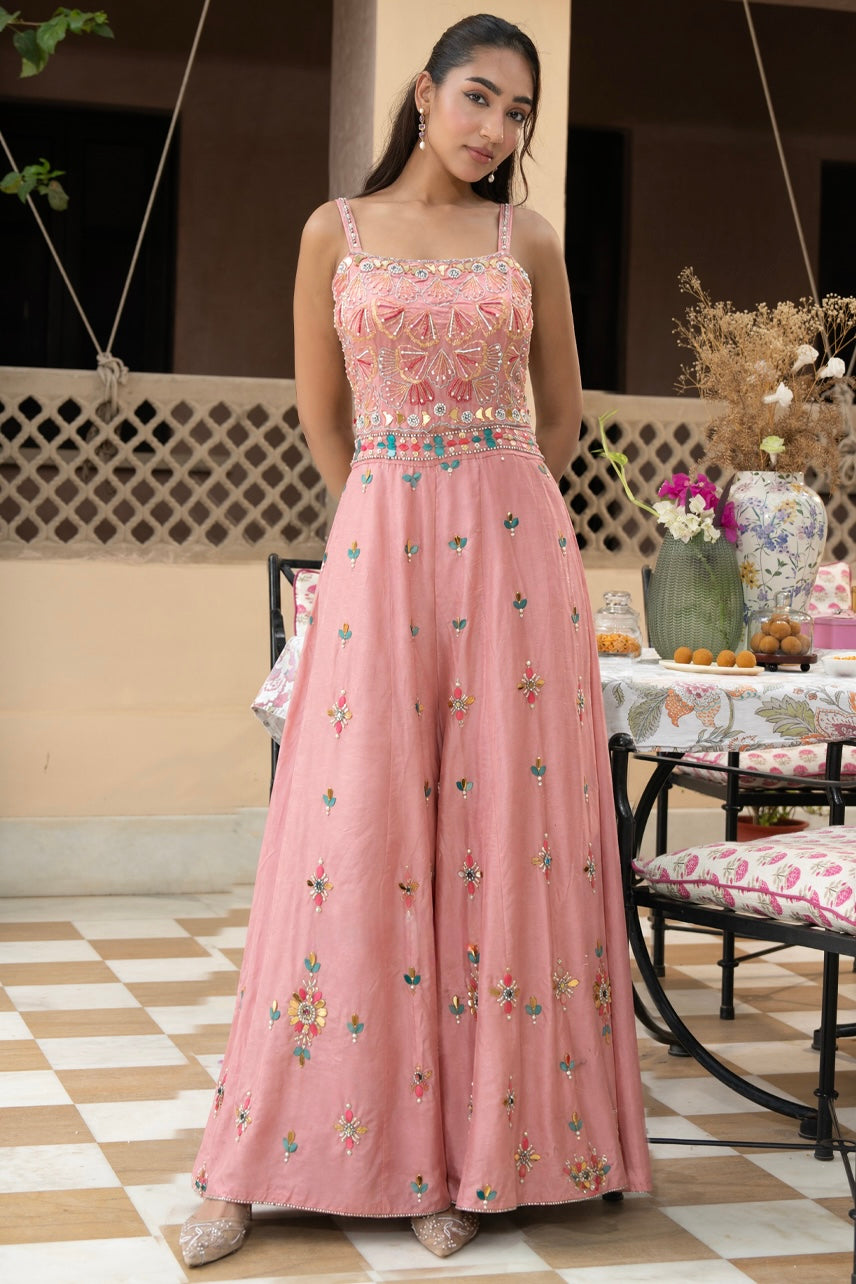 Blush Pink Embroidered Flared Co-ord Set