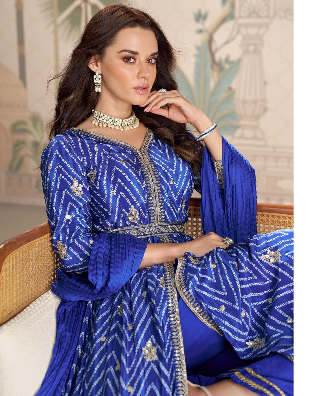 Royal Blue Leheriya Anarkali Set