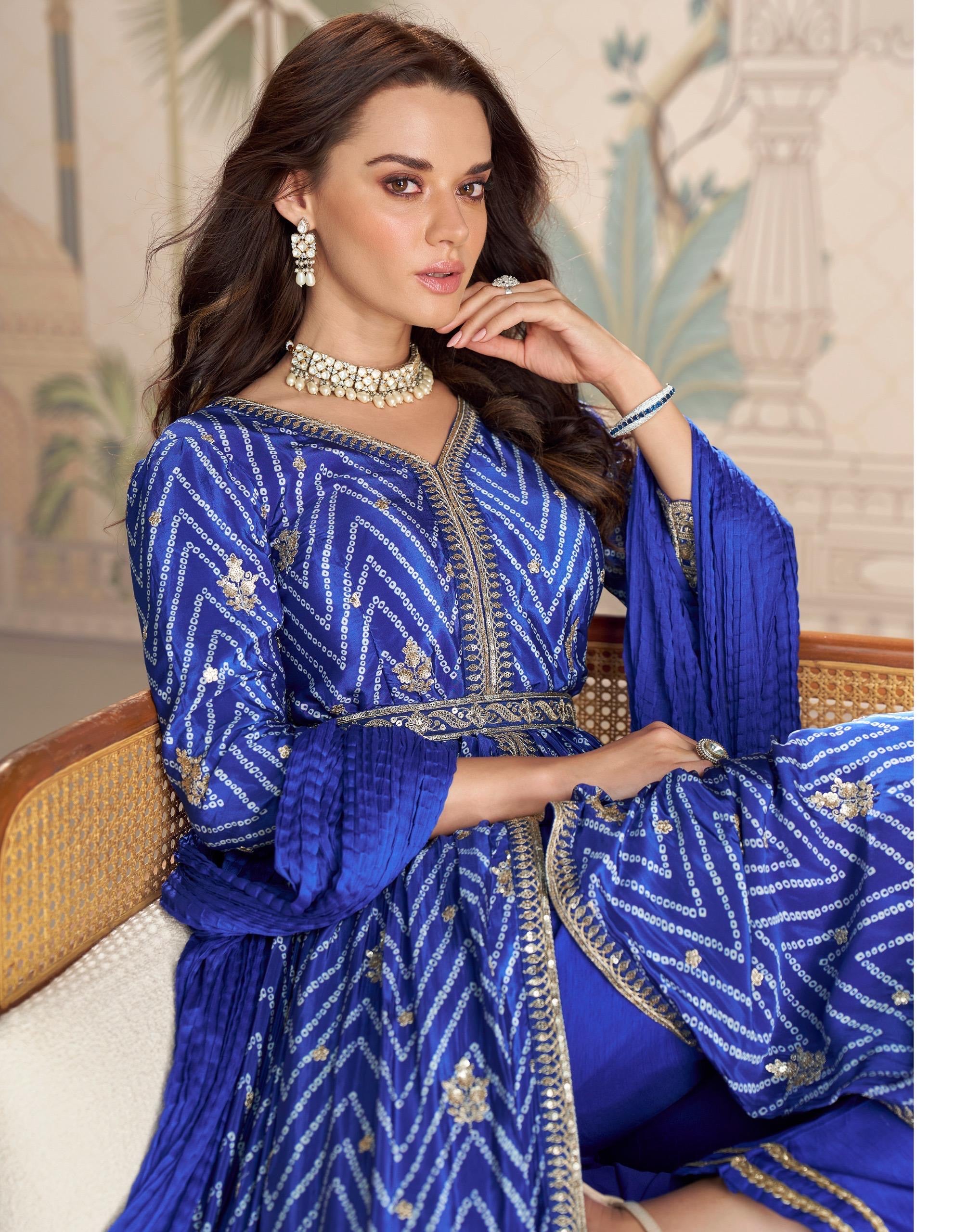 Royal Blue Leheriya Anarkali Set