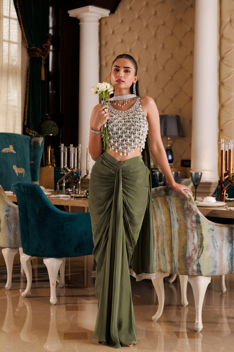 Olive Crystal Cascade Draped Saree