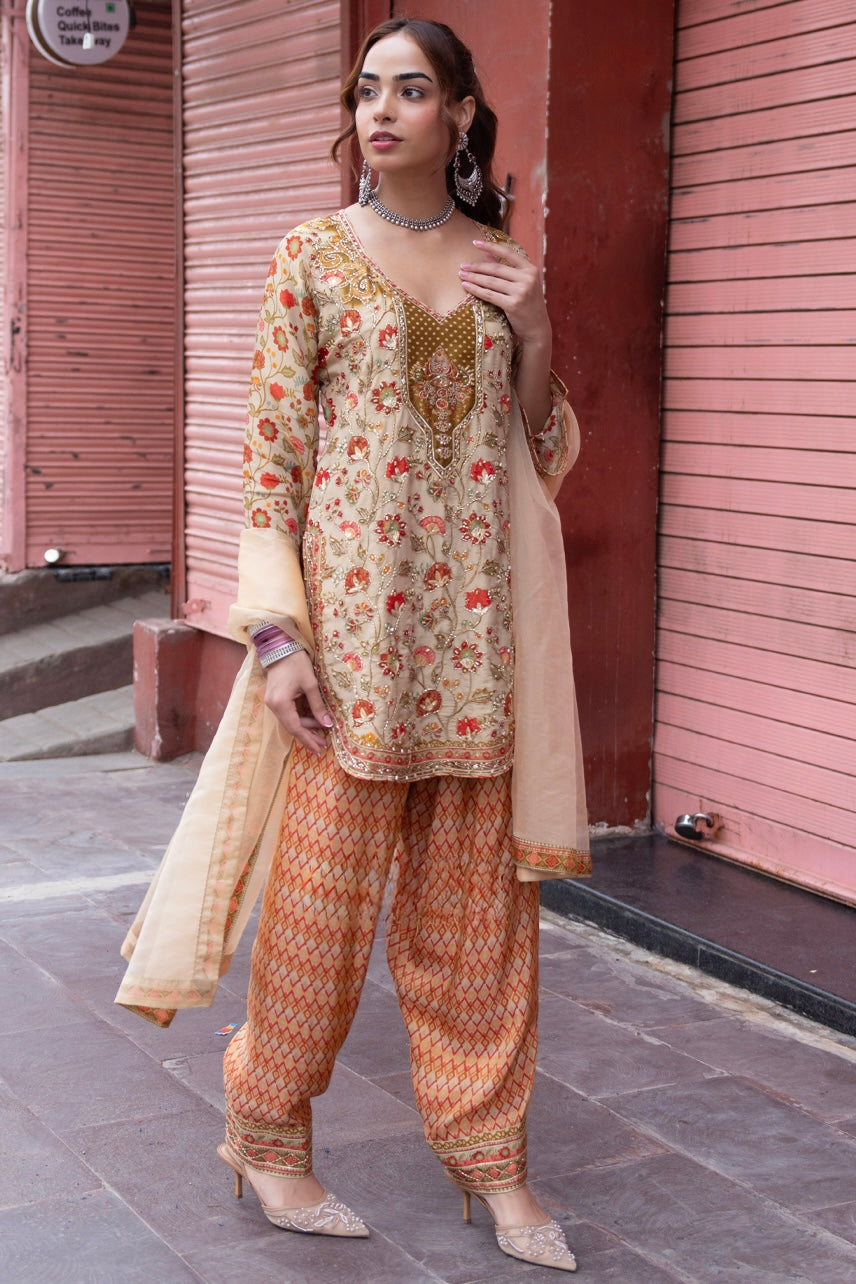 Floral Embroidered Kurta with Printed Pants & Dupatta Set